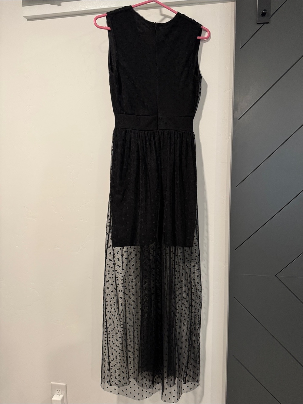 Elegant Black Maxi Dress with Sheer Dotted Overlay Sz 6 - Picture 4 of 7